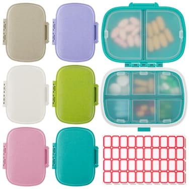 WLLHYF 6 Pack Travel Pill Organizer 8 Compartments Portable Pill Case with Label Small Pill Container for Pocket Purse Medicine Storage Dispenser Waterproof Vitamin Holder Pill Supplement Case
