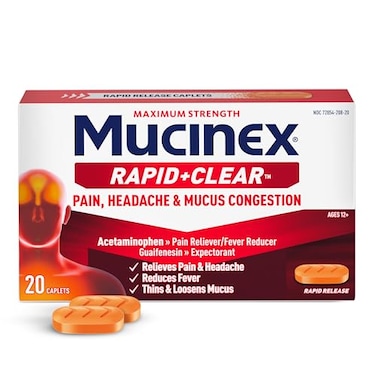 Mucinex Rapid Clear Maximum Strength Cold Medicine Expectorant Fever Pain Headache Excess Mucus Relief with Acetaminophen Guaifenesin Rapid Release Caplets for Adults 20 Count