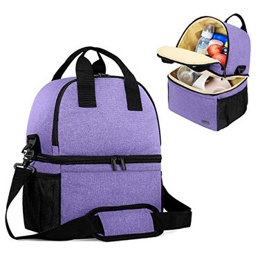 Teamoy Double Layer Breast Pump Tote Bag with Cooler Compartment Purple
