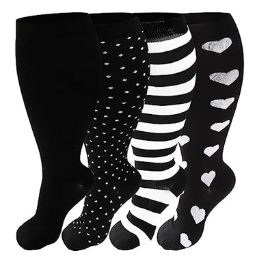 VOMFIT 4 Pairs Plus Size Compression Socks for Women Men Extra Wide Calf 2030 mmHg Knee High Support Compression Stockings for Circulation Swelling Nurses Travel Pregnancy Running