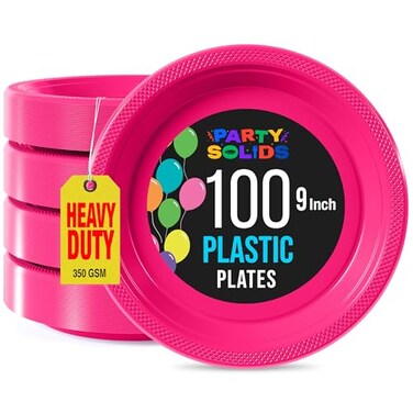 Exquisite Party Solids Cerise Plastic Plates For Party 9 Cerise Disposable Plates Heavy Duty 100 Pcs Plastic Dinnerware Sets Heavy Duty 350 GSM Disposable Dinnerware Set