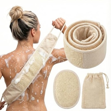 JouiiSiYa Natural Loofah Back Scrubber for Shower for Men and Women Exfoliating Loofah Sponge with Soap Saver 1Back1Pad1Bag