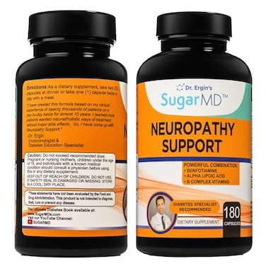 مكمل غذائي لدعم الأعصاب من SugarMD، 180 كبسولة لدعم الأعصاب مع حمض ألفا ليبويك، بنفوتيامين، فيتامين د3، ب6، ب12، لدعم الأعصاب في القدمين واليدين والأصابع والساقين، يكفي لمدة 90 يومًا