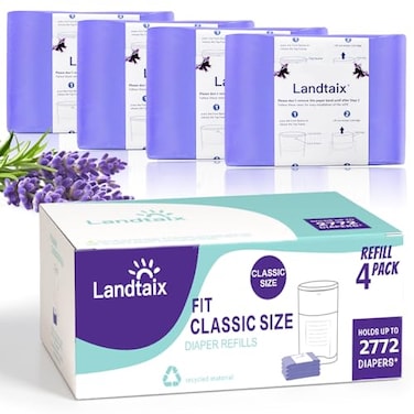 عبوات إعادة تعبئة Landtaix متوافقة فقط مع عبوات إعادة تعبئة سلة حفاضات Dekor Classic، عبوة من 4 قطع تكفي لـ 2772 حفاضة، طول إضافي 40 سم، أكياس سلة حفاضات بسماكة إضافية 30 سم، مزيل قوي للروائح، برائحة اللافندر للأطفال.