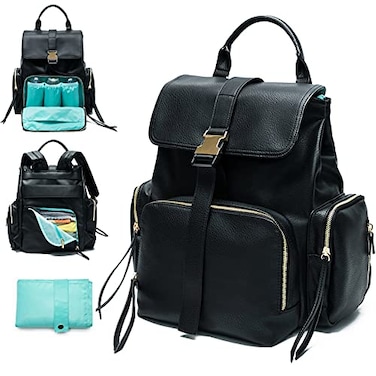 MOMINSIDE Diaper Bag Backpack with 14 Pockets Leather Baby Bag paaleras para bebe Baby Registry 4 Insulated Pockets Changing Pad Stroller Straps Black