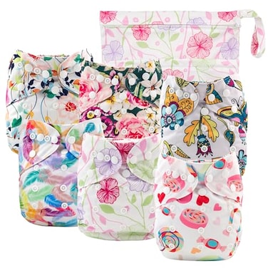 Babygoal Cloth Diaper Cover for GirlsBaby Adjustable Reusable Covers for Fitted Diapers and Prefolds 6pcs Baby Clothes CoversOne Wet Bag 6DCF04