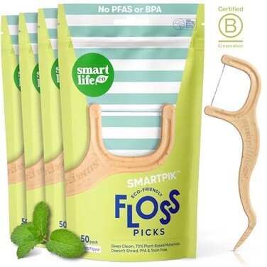 SmartLifeco EcoFriendly Dental Floss Picks 200ct Flossers Made with Straw Wheat Blend Superior AntiShred Thread for Tight Gaps Tooth Pick Stick for Adults Soft on Gum Teeth Vegan Mint