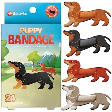 BioSwiss Bandages Weiner Dog Shaped Self Adhesive Bandage Set Latex Free Sterile Wound Care 24 Count