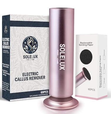 جهاز SoleLux 2026 المُطوّر لإزالة مسامير القدم الكهربائية، مناسب للرجال والنساء، مع سرعة قابلة للتعديل و60 وسادة صنفرة لتقشير الجلد الميت، أداة مثالية للعناية المنزلية بالقدمين الجافة والمتشققة، باللون الوردي.