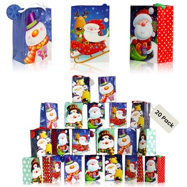 Iconikal 20Pack Christmas Gift Bags Small 4x6x25Inch Snowman Santa Reindeer Ribbon Handles