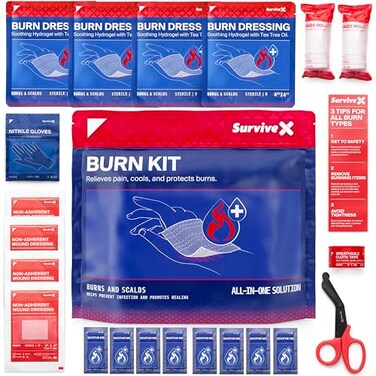 SurviveX Burn Dressing Kit with Tea Tree Oil Hydrogel Burn Pads Cooling Gels NonAdhesive Dressings Gauze Complete First Aid Accessory for Instant Cooling Soothing Burn Relief