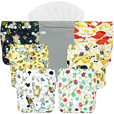 wegreeco Cloth Diapers 6 Pack with 6 Inserts 1 Wet Bag Washable Cloth Diapers for Babies One Size Adjustable Reusable Animal World