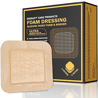 EVERLIT Care Silicone Foam Dressing with Adhesive Border Highly Absorbent Hypoallergenic Bandages for Chronic Wounds Bed Sores Pressure Ulcers Gentle Secure Adhesion 3 x 3 10 Pack