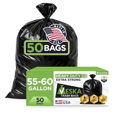 Veska 55 Gallon Trash Bags Heavy Duty ValuePack 50 Count wTies 5560 Gallon Trash Bags Large Black 5060 Gallon Garbage Liners for Lawn Leaf and Commercial
