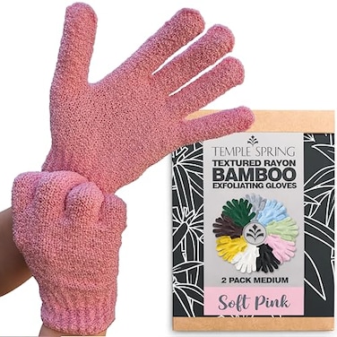 Temple Spring Shower Gloves Exfoliating for Women Natural Textured Rayon Bamboo Exfoliating Glove with Thicker Weave for Deep Cleansing Dead Skin Removal Smooth Radiant Skin 1 Pair Pink