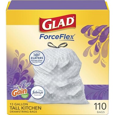 Glad ForceFlex Tall Kitchen Trash Bags 13 Gal Gain Lavender with Febreze 110 Ct Pack May Vary