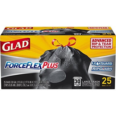 أكياس قمامة جلاد كبيرة الحجم برباط، أكياس قمامة ForceFlexPlus سوداء سعة 30 جالونًا، 25 كيسًا في كل عبوة (6 أكياس).