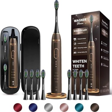 فرشاة أسنان كهربائية لتبييض الأسنان من سلسلة Wagner Stern IntelliBrush مزودة بمستشعر ضغط، توفر 4 أوضاع للتنظيف و3 مستويات للشدة و8 رؤوس فرشاة ناعمة وحقيبة سفر فاخرة.