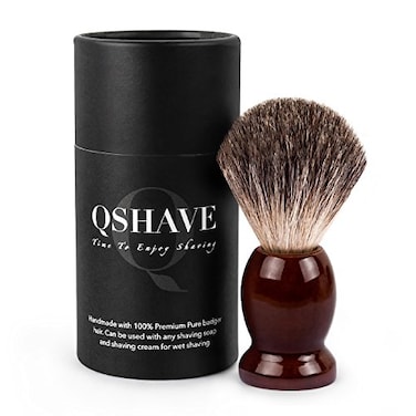 فرشاة حلاقة QSHAVE 100 الأصلية المصنوعة من شعر الغرير النقي، قاعدة خشبية حقيقية، مثالية للحلاقة الرطبة، شفرة حلاقة آمنة ذات حدين.