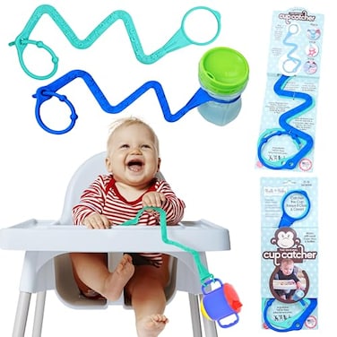 Brilli Baby Cup Catcher Patented Safety Tether Strap Attach Sippy Cups Bottles Pacifiers More to Stroller High Chair Car Seat Made in USA Food Grade Dishwasher Safe AquaNavy