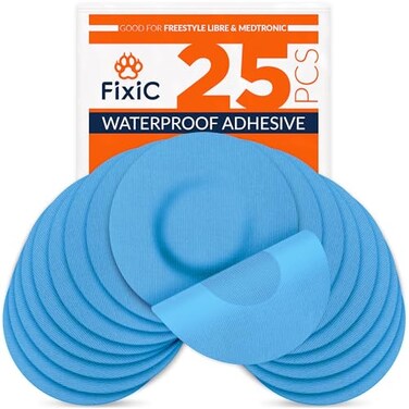 Fixic Freestyle Adhesive Patch 25 PCS Good for Libre 1 2 3 Plus Enlite Guardian NO Glue in The Center of The Patch PreCut Back Paper Long Fixation for Your Sensor Light Blue