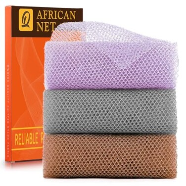 UJFQBH 3 Pieces African exfoliating net African Net Long Net Bath Sponge Exfoliating Shower Body Scrubber Back Scrubber Skin SmootherGreat for Daily Use PurpleGrayBrown