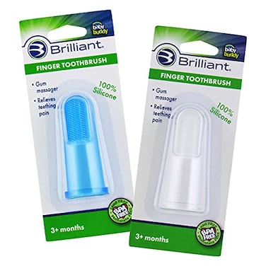 Baby Buddy Brilliant Baby Finger Toothbrush Silicone Gum Massager and Teether Brush for InfantToddler 3 Months Old and Up BlueClear 2 Count