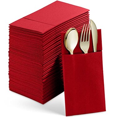 Servietto 50Pack Disposable LinenFeel Dinner Napkins With Builtin Flatware Pocket RED Prefolded Cloth Like Paper Napkins For Christmas Wedding Dinner Or Party