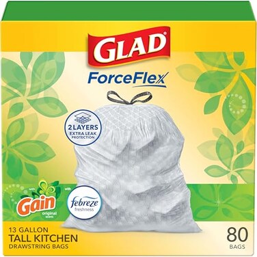 Glad ForceFlex Tall Kitchen Drawstring Trash Bags 13 Gal Gain Original 80 Ct Package May Vary