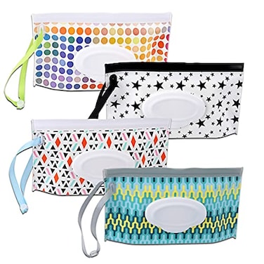 FEBSNOW 4 Pack Baby Wipe Dispenser Portable Wet Wipe Holder Container Reusable Wipes Dispenser Cases Lightweight Travel Wet Wipe Pouch