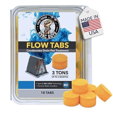 Leak Saver HVAC Guys Flow Tabs with Gel Lock Technology 18 Pack Keeps Drain Pans Clean Prevents Overflow 3 Ton Tab Lasts up to 3 Months 1 Tab is equal to 18 Regular Tablets 324 total Made in the USA