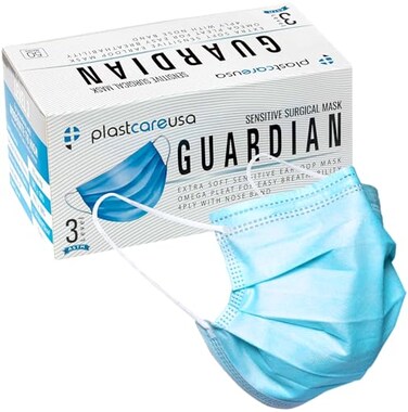 علبة من 50 كمامة وجه زرقاء للاستخدام مرة واحدة من PlastCare USA، 4 طبقات، مطابقة لمعايير ASTM المستوى 3.