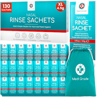 Medi Grade Sinus Rinse Packets Nasal Rinse Essentials Kit of 130 x Salt Packets and Convenient Storage Bag Enjoy Effortless Nasal Irrigation at Home or On the Go with Our Neti Pot Salt Packets