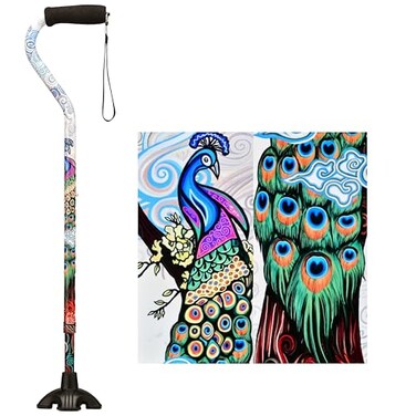 Nova Joy Designer Offset Quad Cane for Seniors Unisex Adjustable Lightweight Walking Aid with Foam Handle Wrist Strap and AntiRattle Lock Essential Mobility Support Proud Peacock