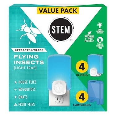 STEM Flying Insect Trap Indoor Fruit Fly Gnat Catcher for Home Kitchen Any Room Attracts Traps Bugs Soft Blue UV Light Includes 2 Plugin Devices 2 Cartridges Pack of 2