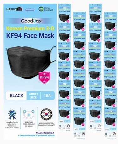 قناع الوجه FLEXMON Happy Life Premium ثلاثي الأبعاد أسود KF94، عبوة فردية، صنع في كوريا، 24 قطعة