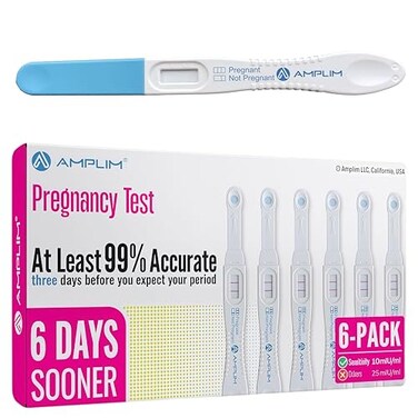 اختبار الحمل المنزلي AMPLIM HCG للكشف المبكر عن الحمل، عبوة من 6 شرائط، يظهر قبل 6 أيام، حساسية فائقة، 10 وحدة دولية/مل، اختبار سهل وسريع في ثانيتين، دقة 9999%، عبوة من 6 شرائط