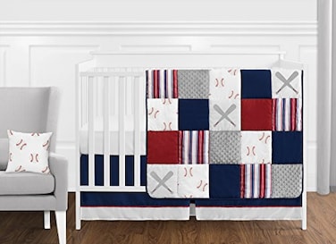 Sweet Jojo Designs 11Piece Baby Crib Bedding Set Baseball Patch Sports for Boys InfantsNursery incl Blanket Fitted Sheet Skirt Diaper Stacker Pillow Red White Blue Americana Patchwork