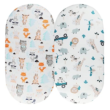 Tontukatu Bassinet Sheet Set 2 Pack Snug Fitted Cradle Fitted Sheets Stretchy Ultra Soft for Oval Rectangle Hourglass Bassinet Mattress Unisex Boy Girl Tiger Elephant Fox