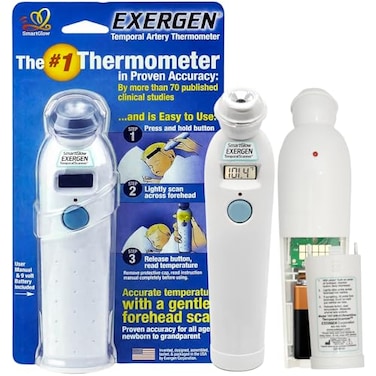Exergen TAT2000C Temporal Artery Thermometer for Kids Newborns Adults Soft Glow Display Silent Mode 9V Battery Included