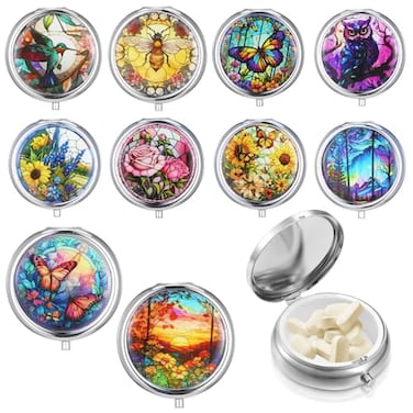Sibba Molain 10Pcs Pill Organizer Pill Box with Mirror Portable Small Pill Case for Purse or Pocket Cute Metal Pill Holder for Travel Vitamins Medication Supplements