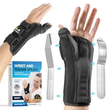 جبيرة معصم وإبهام BraceAbility، جبيرة طويلة للساعد لعلاج التهاب غمد الوتر (دي كيرفان)، مثبت لالتهاب الأوتار والالتواءات، دعامة للإبهام لتخفيف آلام التهاب المفاصل ودعم اليد اليمنى (مقاس متوسط).