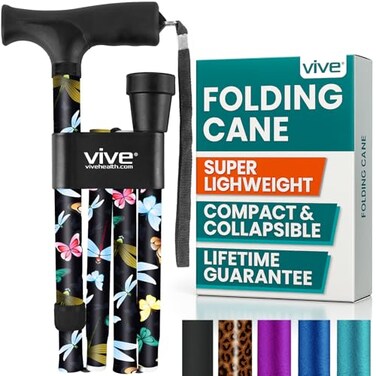 Vive Folding Cane Foldable Walking for Men Women Foldup Collapsible Lightweight Adjustable Portable Hand Stick Balancing Mobility Aid Sleek Comfortable Black Butterfly