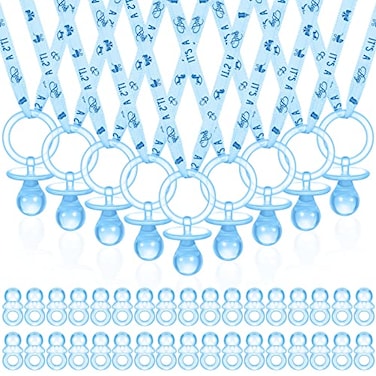 Roowest 74 Pieces Baby Shower Pacifiers 24 Necklace Acrylic Plastic Pacifiers Baby Shower Game 50 Mini Plastic Charm Bulk for Party Decorations Games Table ScatterBlue