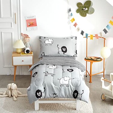 Flysheep 4 Piece Gray Grey Toddler Bedding Set with Multi Animals Printed for Baby Boys Includes Quilted Comforter Flat Sheet Fitted Sheet Pillow Case Soft Comfortable Microfiber