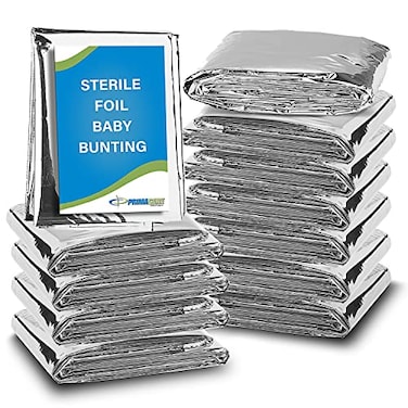 Primacare CB6835CS Pack of 12 Sterile Foil Baby Bunting Blankets for Newborns and Infants Disposable Emergency Heat Saving 30 x 17