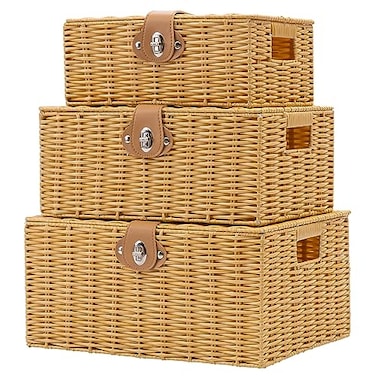 Homepeaz Wicker Storage Baskets with Lids Set of 3 Decorative Storage Boxes For Organizing Woven Baskets with Leather Lock and Handles Beige