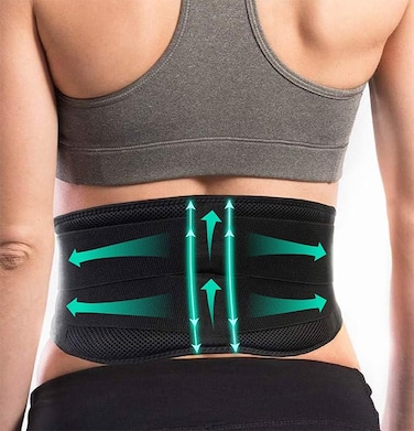 حزام دعم الظهر الرياضي الخفيف من AllyFlex للرجال والنساء، يُلبس تحت الزي الرسمي، مزود بوسادات قطنية طبية ثلاثية الأبعاد مزدوجة لتخفيف آلام أسفل الظهر، وشبكة مسامية مع أربطة قابلة للتعديل لتخفيف إجهاد الظهر.