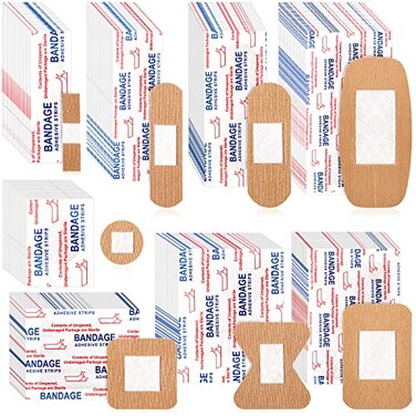 BBTO 400 Pcs Bandages Bulk Various Sizes Food Service Waterproof Adhesive Bandages Sterile Processing Non Stick Strips Pad for First Aid Wound Care Protection8 Styles