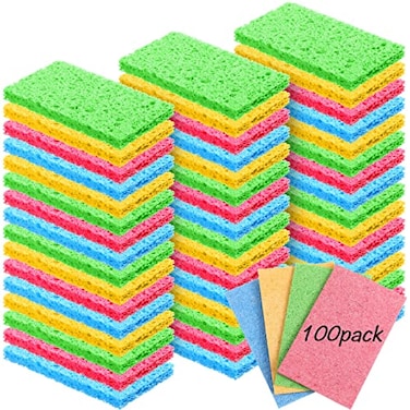 Zhengmy 100 Pieces Sponges Bulk Sponges Kitchen Compressed Sponge Natural Dish Sponge Compressed Wood Pulp Cleaning Without Scratching for Kitchen Bathroom 39 x 24 x 012 Inch Multicolor